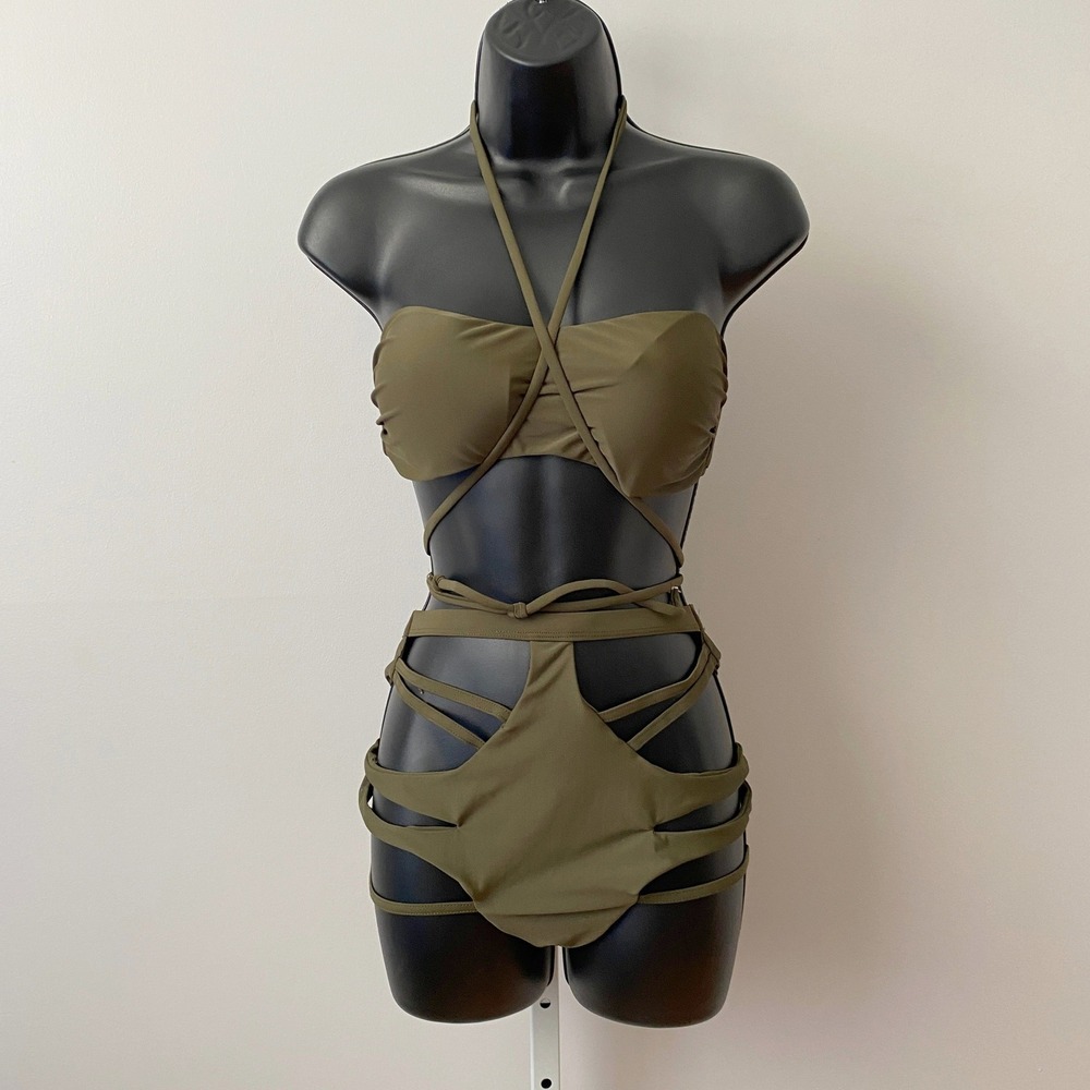 Bflyne Size M Olive Green Bikini Set Strappy Cut Out High Waist Swimsuit‎